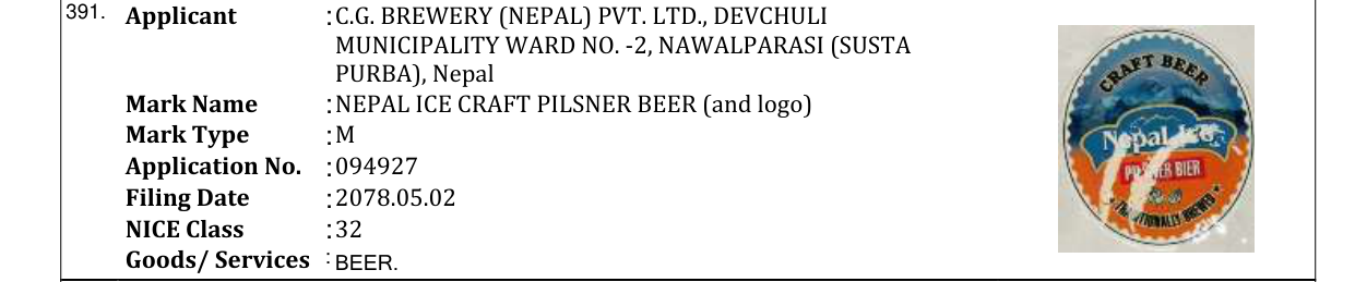 Original bulletin entry for NEPAL ICE CRAFT PILSNER BEER (and logo)