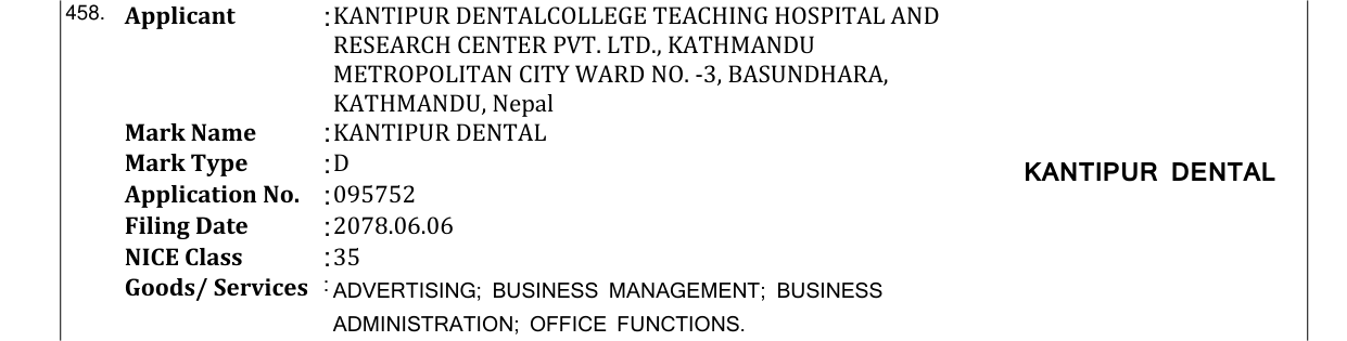 Original bulletin entry for KANTIPUR DENTAL
