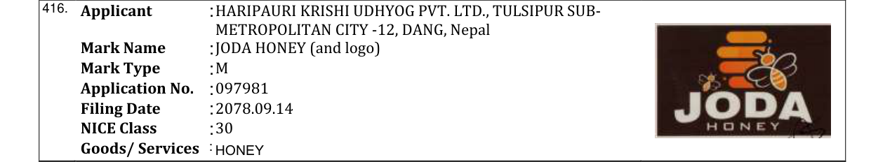 Original bulletin entry for JODA HONEY (and logo)