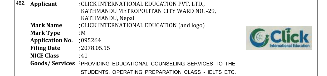 Original bulletin entry for CLICK INTERNATIONAL EDUCATION (and logo)