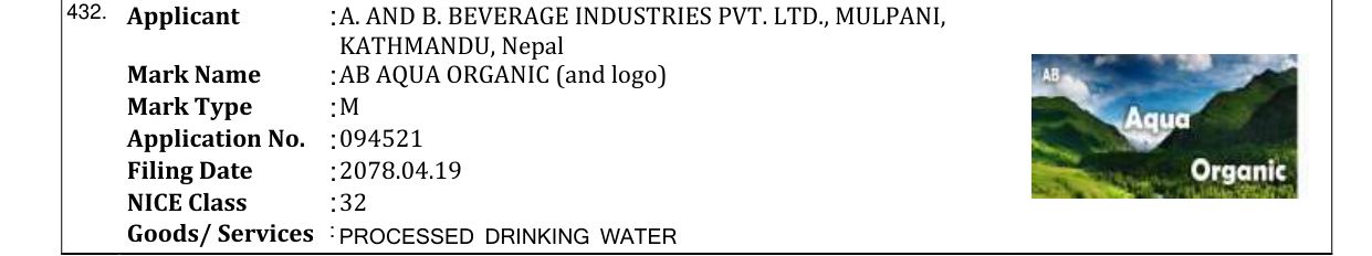 Original bulletin entry for AB AQUA ORGANIC (and logo)