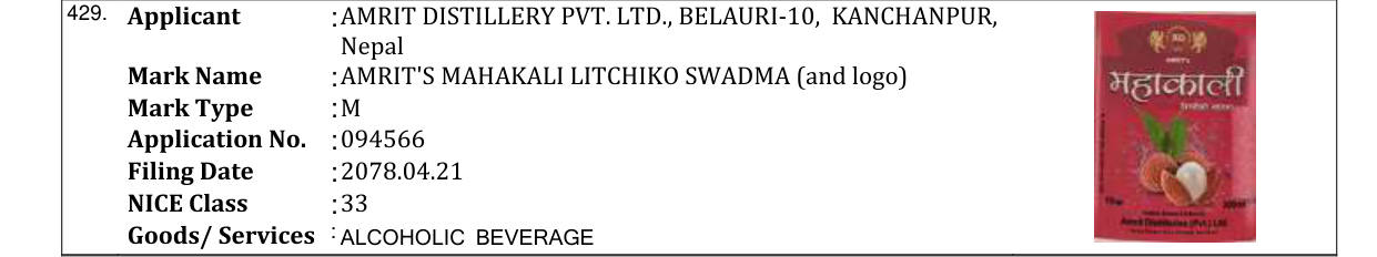 Original bulletin entry for AMRIT'S MAHAKALI LITCHIKO SWADMA (and logo)