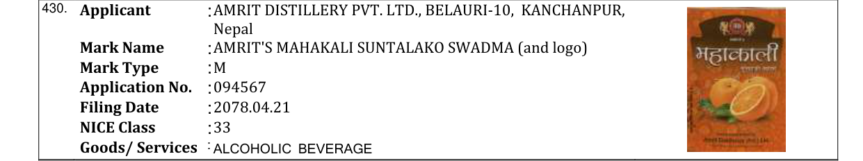 Original bulletin entry for AMRIT'S MAHAKALI SUNTALAKO SWADMA (and logo)