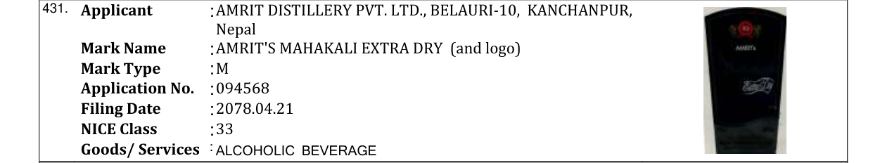 Original bulletin entry for AMRIT'S MAHAKALI EXTRA DRY (and logo)