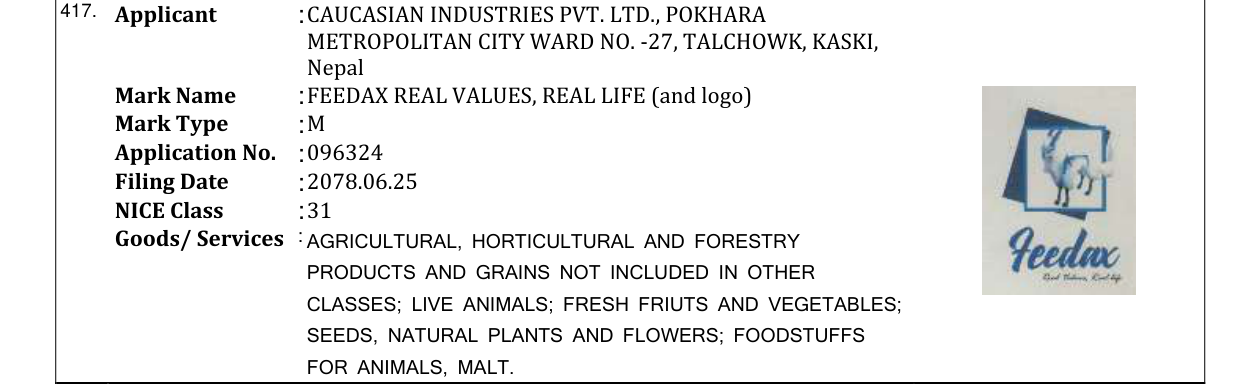 Original bulletin entry for FEEDAX REAL VALUES, REAL LIFE (and logo)