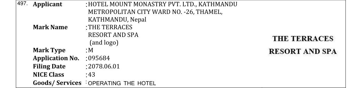Original bulletin entry for THE TERRACES RESORT AND SPA (and logo)