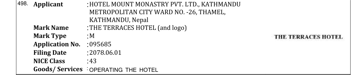 Original bulletin entry for THE TERRACES HOTEL (and logo)