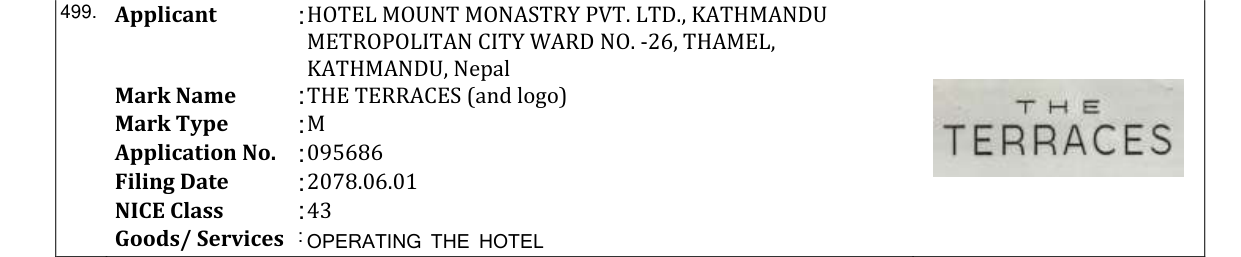 Original bulletin entry for THE TERRACES (and logo)