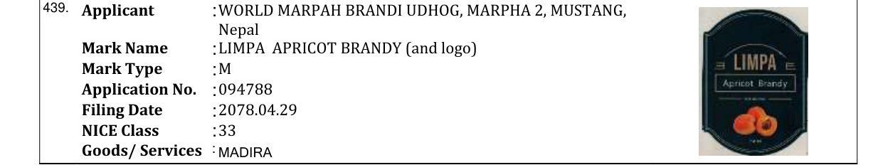 Original bulletin entry for LIMPA APRICOT BRANDY (and logo)