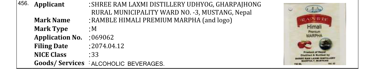 Original bulletin entry for RAMBLE HIMALI PREMIUM MARPHA (and logo)