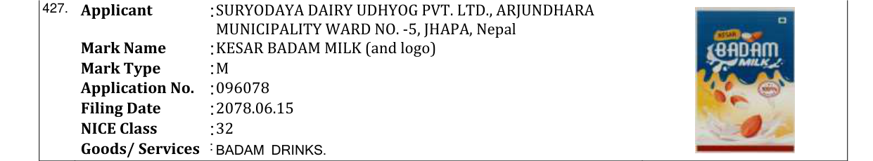 Original bulletin entry for KESAR BADAM MILK (and logo)