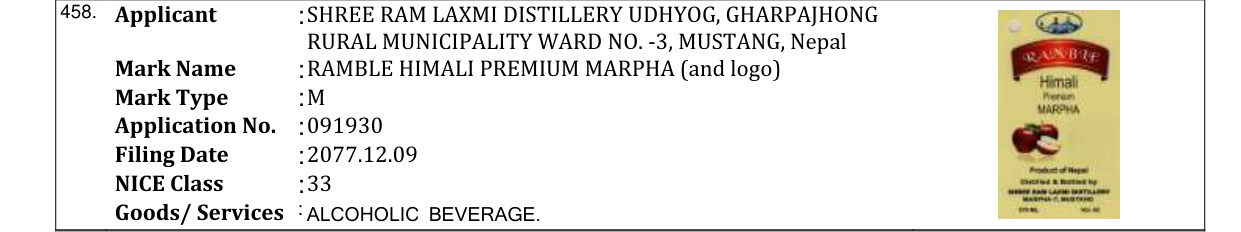 Original bulletin entry for RAMBLE HIMALI PREMIUM MARPHA (and logo)