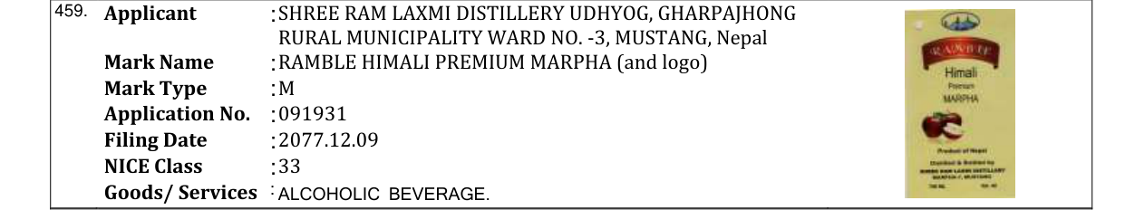 Original bulletin entry for RAMBLE HIMALI PREMIUM MARPHA (and logo)
