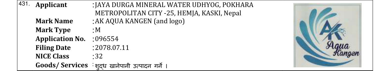 Original bulletin entry for AK AQUA KANGEN (and logo)