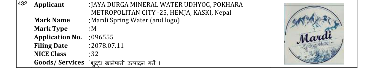 Original bulletin entry for Mardi Spring Water (and logo)