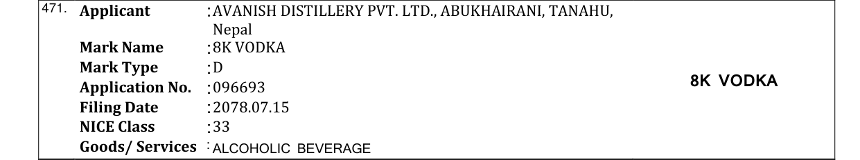 Original bulletin entry for 8K VODKA