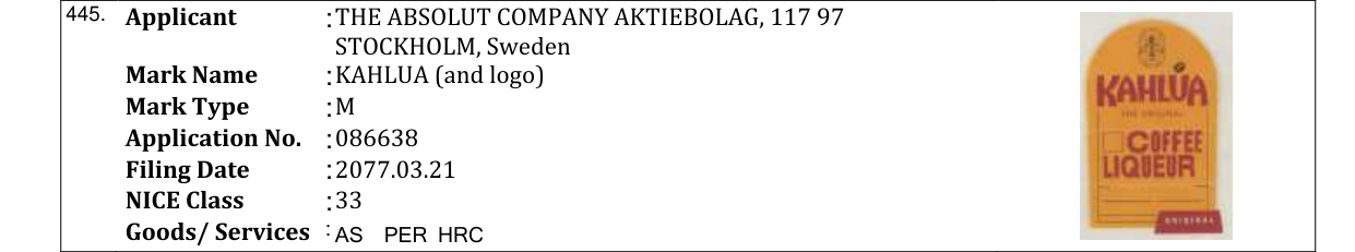 Original bulletin entry for KAHLUA (and logo)