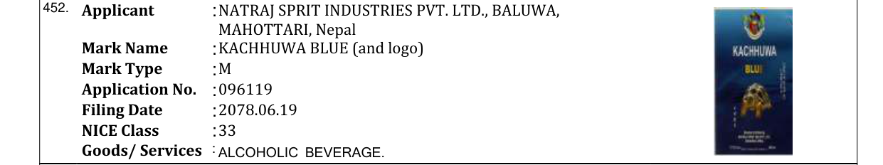 Original bulletin entry for KACHHUWA BLUE (and logo)