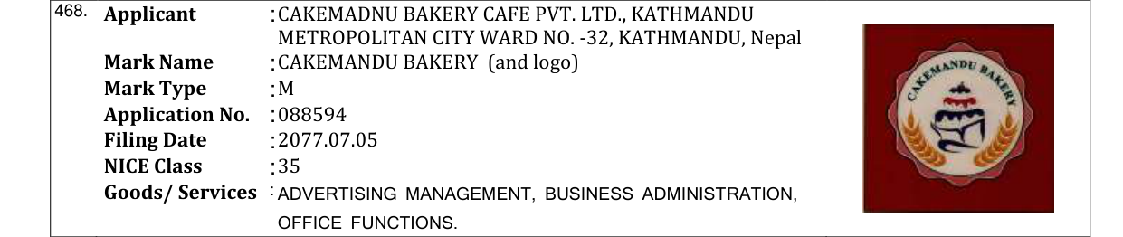 Original bulletin entry for CAKEMANDU BAKERY (and logo)