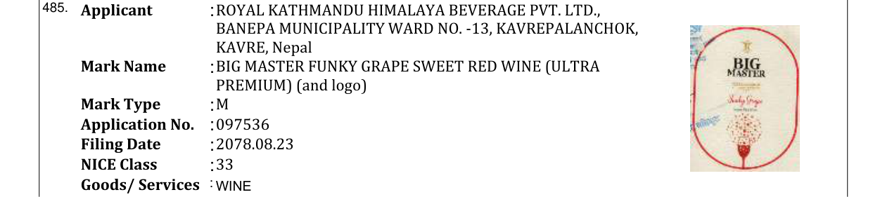 Original bulletin entry for BIG MASTER FUNKY GRAPE SWEET RED WINE (ULTRA PREMIUM) (and logo)