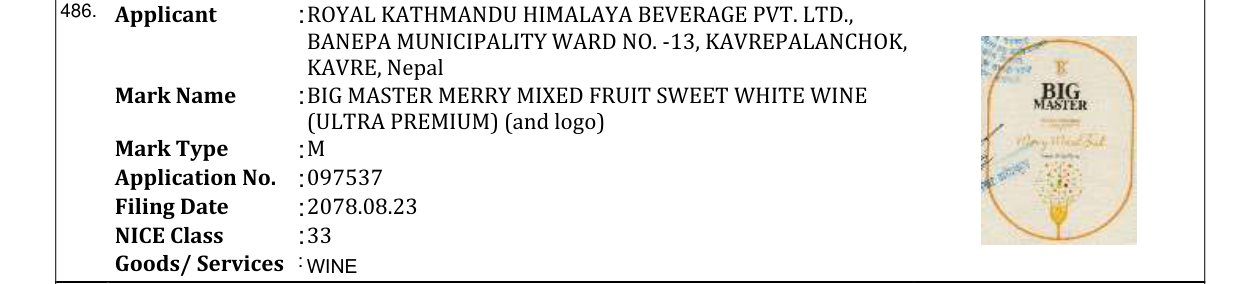 Original bulletin entry for BIG MASTER MERRY MIXED FRUIT SWEET WHITE WINE (ULTRA PREMIUM) (and logo)