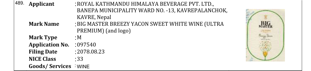 Original bulletin entry for BIG MASTER BREEZY YACON SWEET WHITE WINE (ULTRA PREMIUM) (and logo)