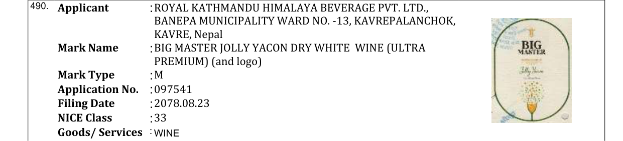 Original bulletin entry for BIG MASTER JOLLY YACON DRY WHITE WINE (ULTRA PREMIUM) (and logo)