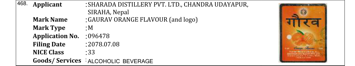 Original bulletin entry for GAURAV ORANGE FLAVOUR (and logo)