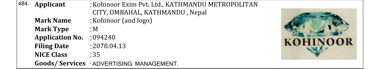 Original bulletin entry for Kohinoor (and logo)