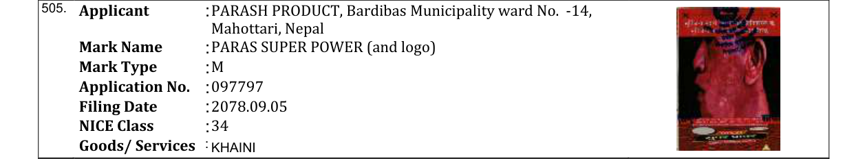 Original bulletin entry for PARAS SUPER POWER (and logo)