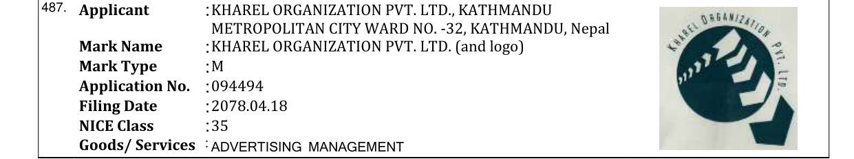 Original bulletin entry for KHAREL ORGANIZATION PVT. LTD. (and logo)
