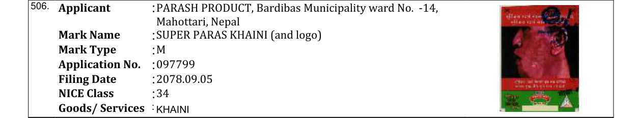 Original bulletin entry for SUPER PARAS KHAINI (and logo)