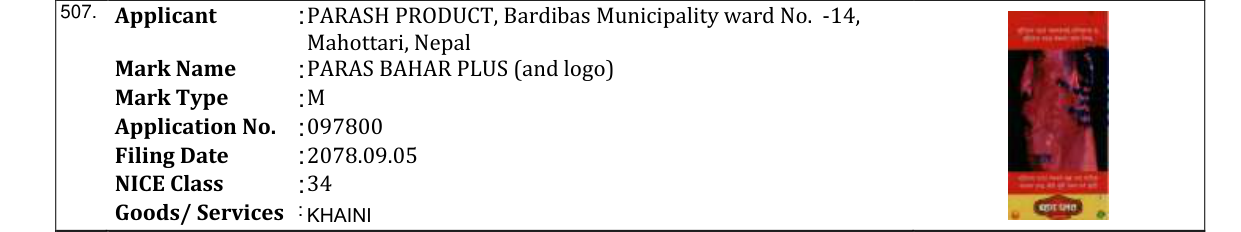 Original bulletin entry for PARAS BAHAR PLUS (and logo)