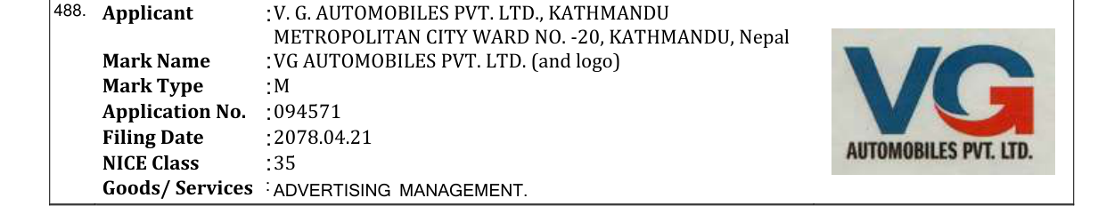 Original bulletin entry for VG AUTOMOBILES PVT. LTD. (and logo)