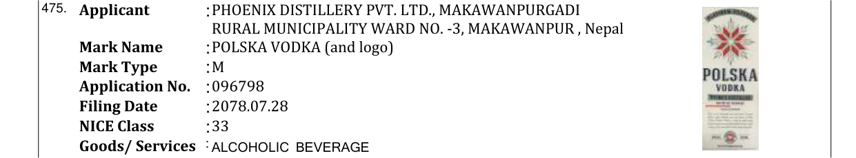 Original bulletin entry for POLSKA VODKA (and logo)