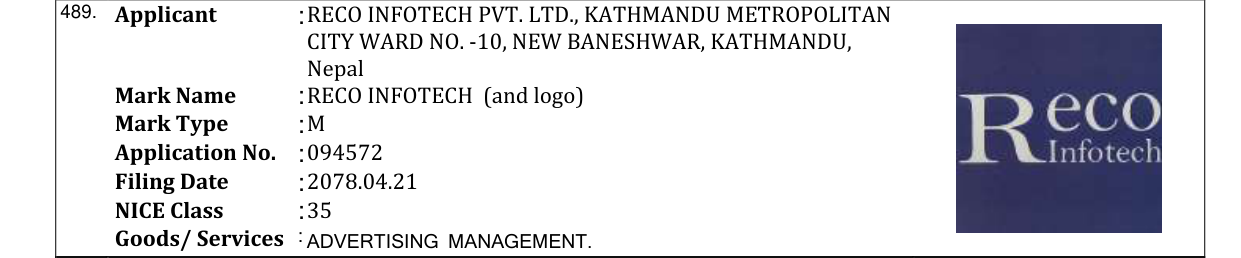 Original bulletin entry for RECO INFOTECH (and logo)