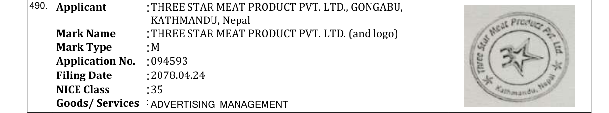 Original bulletin entry for THREE STAR MEAT PRODUCT PVT. LTD. (and logo)