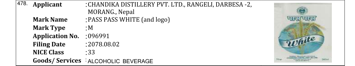 Original bulletin entry for PASS PASS WHITE (and logo)