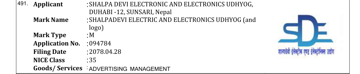 Original bulletin entry for SHALPADEVI ELECTRIC AND ELECTRONICS UDHYOG (and logo)