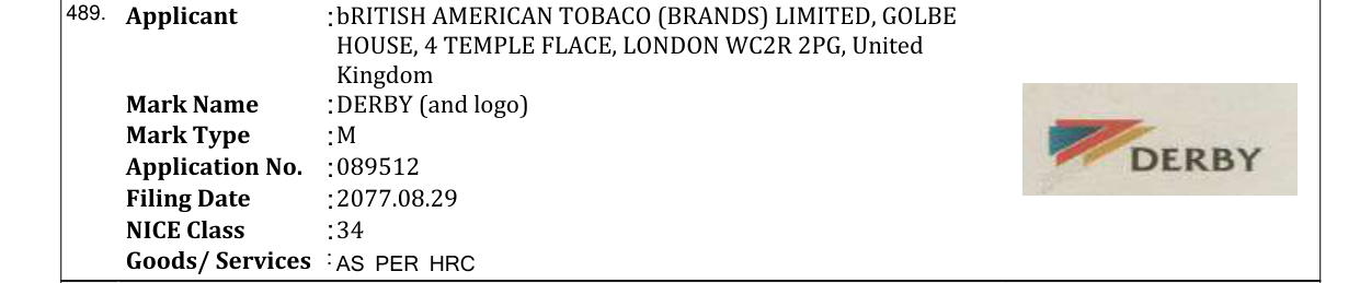 Original bulletin entry for DERBY (and logo)