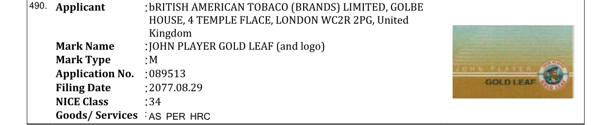 Original bulletin entry for JOHN PLAYER GOLD LEAF (and logo)