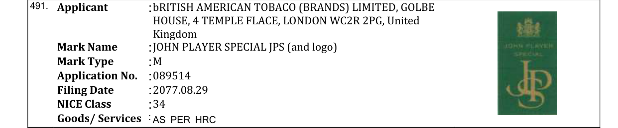 Original bulletin entry for JOHN PLAYER SPECIAL JPS (and logo)
