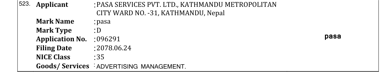 Original bulletin entry for pasa