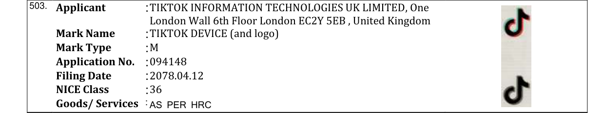 Original bulletin entry for TIKTOK DEVICE (and logo)