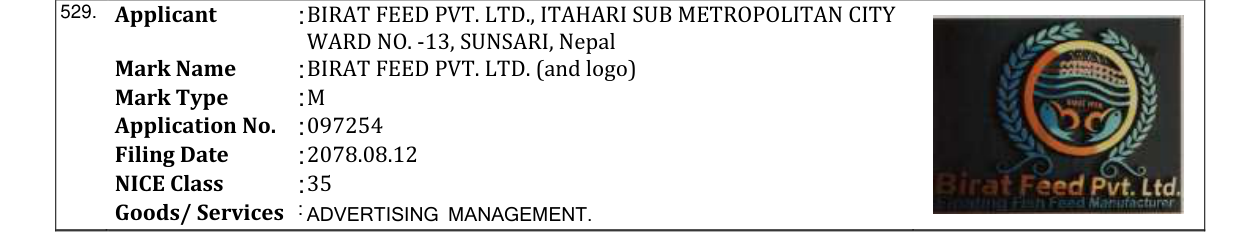 Original bulletin entry for BIRAT FEED PVT. LTD. (and logo)