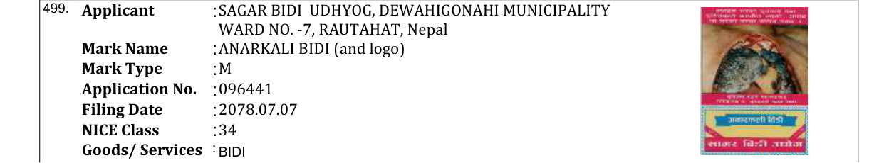 Original bulletin entry for ANARKALI BIDI (and logo)