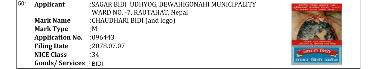 Original bulletin entry for CHAUDHARI BIDI (and logo)