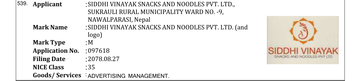 Original bulletin entry for SIDDHI VINAYAK SNACKS AND NOODLES PVT. LTD. (and logo)