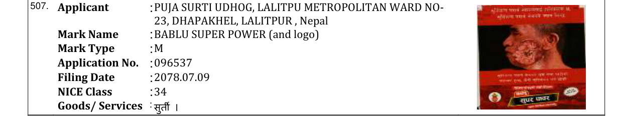 Original bulletin entry for BABLU SUPER POWER (and logo)
