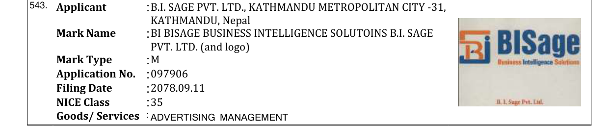 Original bulletin entry for BI BISAGE BUSINESS INTELLIGENCE SOLUTOINS B.I. SAGE PVT. LTD. (and logo)
